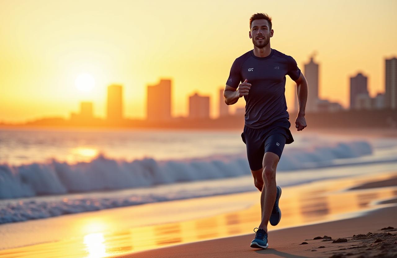 An athlete in Coastline Athletics gear running on a beach at sunrise with the Gold Coast skyline in the background.